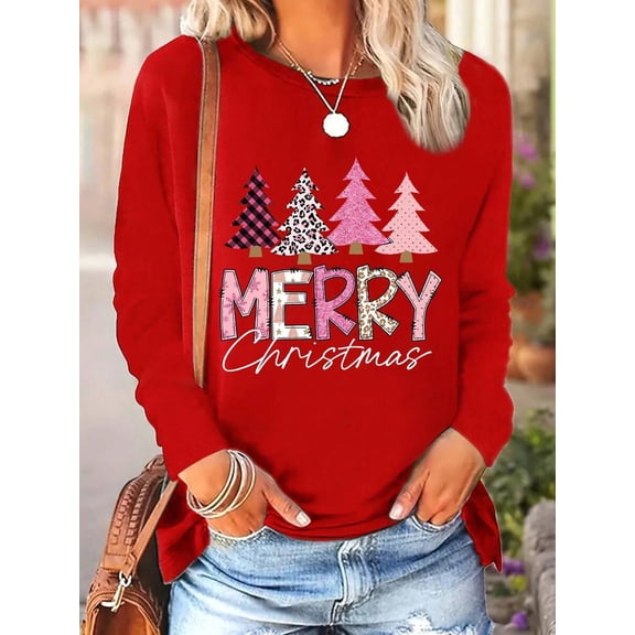 Christmas Tree & Slogan Graphic Round Neck Long Sleeve Women T-Shirt