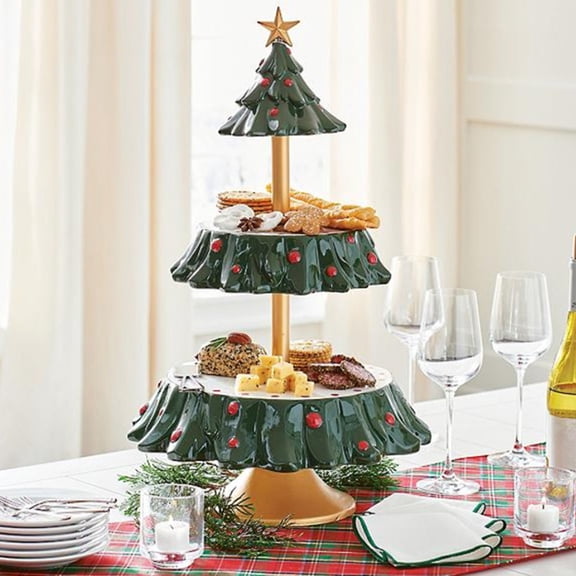 Christmas Tree Snack Stand | 3-Tier Resin Dessert Display Tray for Holiday Parties | Fruit & Candy Serving Platter | Green Festive Table Decor