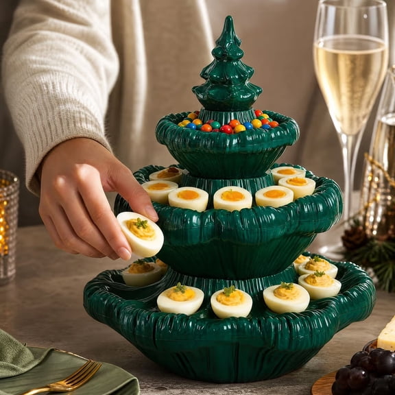 Christmas Tree Snack Tray, 3-Tier Deviled Egg Holder & Candy Display Stand, Holiday Food Platter for Party Buffet, 3 Colors, Each Sold Separately, 1PC