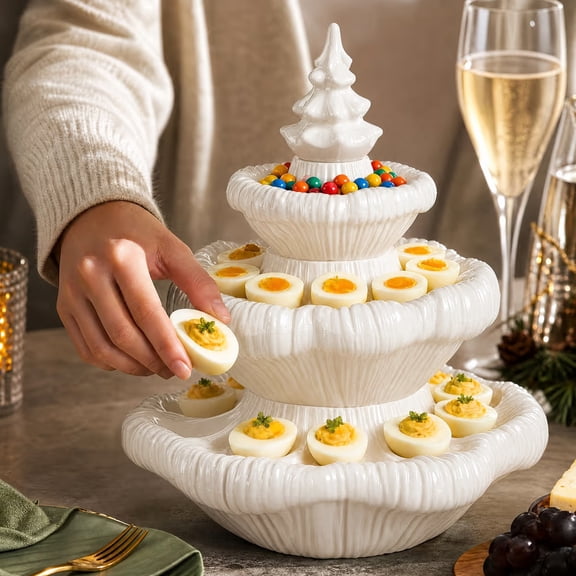 Christmas Tree Snack Tray, 3-Tier Deviled Egg Holder & Candy Display Stand, Holiday Food Platter for Party Buffet, 3 Colors, Each Sold Separately, 1PC