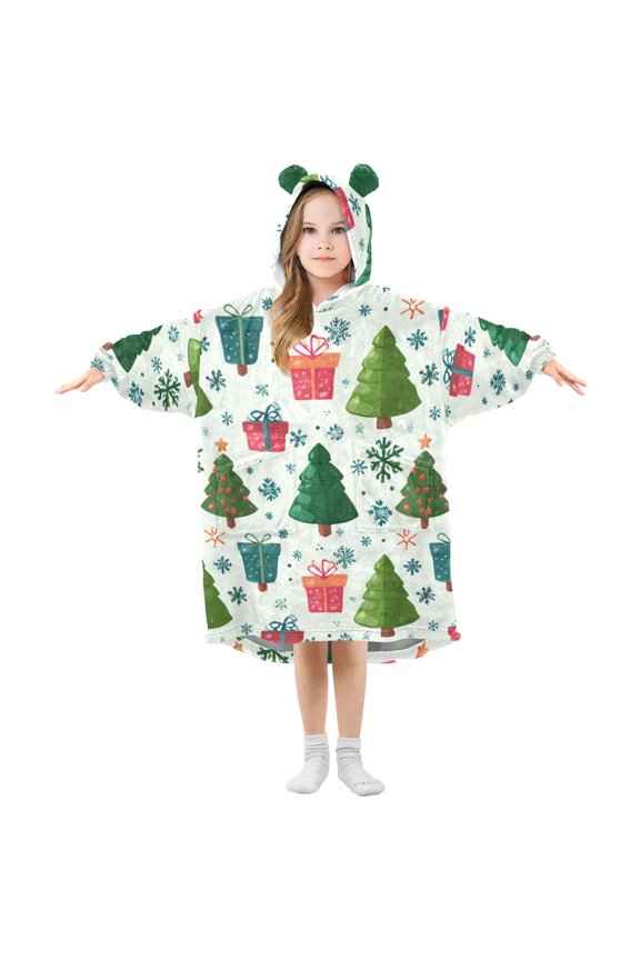 Christmas Tree Snow Gift Box Cute Flannel Wearable Blankets Hooded Design Long Sleeves Wrap Unisex for 3T-14Y S