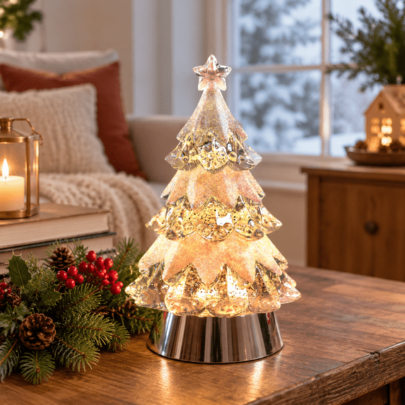 Christmas Tree Snow Globe Lantern Led Swirling Glitter Lighted With 6h ...