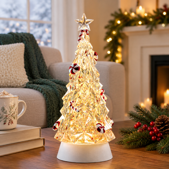 Christmas Tree Snow Globe With Candy Canes & Peppermints 11.2" Lighted Musical Water Glittering Warm Glow 8 Songs 6h Timer Holida