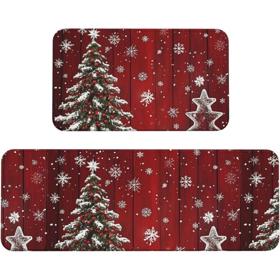 Christmas Tree Snow Kitchen Mats for Floor, Snowflake Wood Kitchen Rug Runner Non-Slip Kitchen Mats and Rugs 2PCS Absorbent Standing Mats for Office Desk Sink