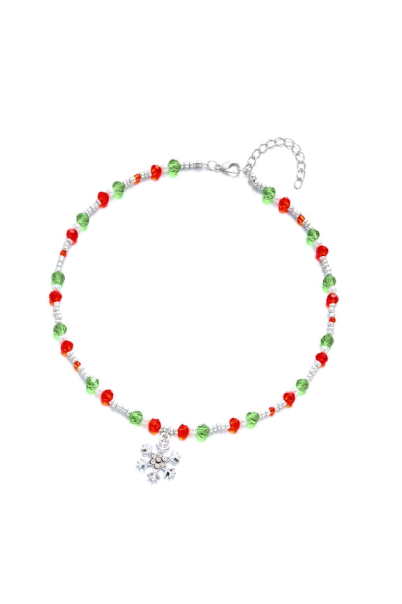 Christmas Tree Snowflake Necklace, Green Alloy Charm with Rice Beads Chain, Holiday Themed Jewelry for Parties