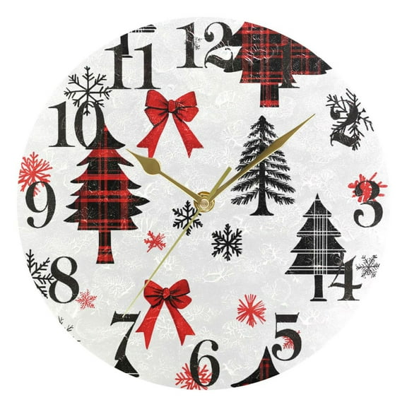 Christmas Tree Snowflakes Bow Round Wall Clock Battery Operated Silent Non-Ticking Bedroom Office Kitchen Home School Decor 10"(Glod)