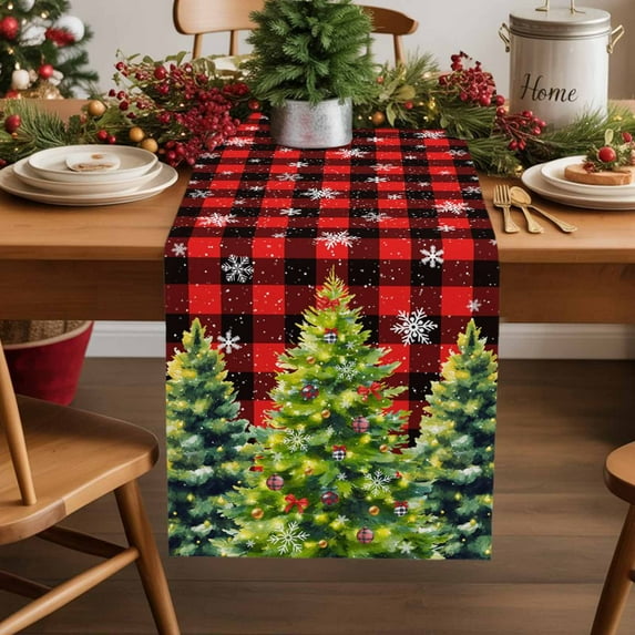 Christmas Tree Snowflakes Table Runner 13x90in Non-Slip Cotton Linen Table Runners, Classic Red Black Buffalo Plaid Dresser Scarves TableRunner for Dinner Kitchen Dining Wedding Party