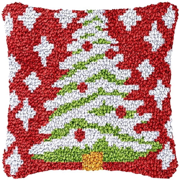 Christmas Tree Snowing Latch Hook Pillow Cover Kits for DIY Handmade Throw Pillow Cross Stitch Latch Hook Pillowcase Rug Kits with Preprinted Color Pattern Canvas Crochet Yarn Kits 17''X 17''(ch44)