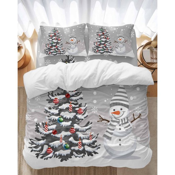 Christmas Tree Snowman Bedding Duvet Cover Set Full Size 4 Pieces Winter Snowflakes Gray Xmas Bedding Set with Zipper Closure, 1 Comforter Cover 86x86 Inches 1 Flat Sheet & 2 Pillow Cases