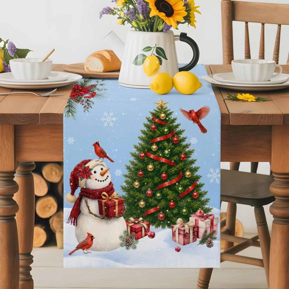 Christmas Tree Snowman on Blue Table Runner 36 Inches Long, Winter Snowflake Cardinal Plant Table Runners Tabletop Scarf Kitchen Dining Tables Decoration for Home Party Indoor Outdoor