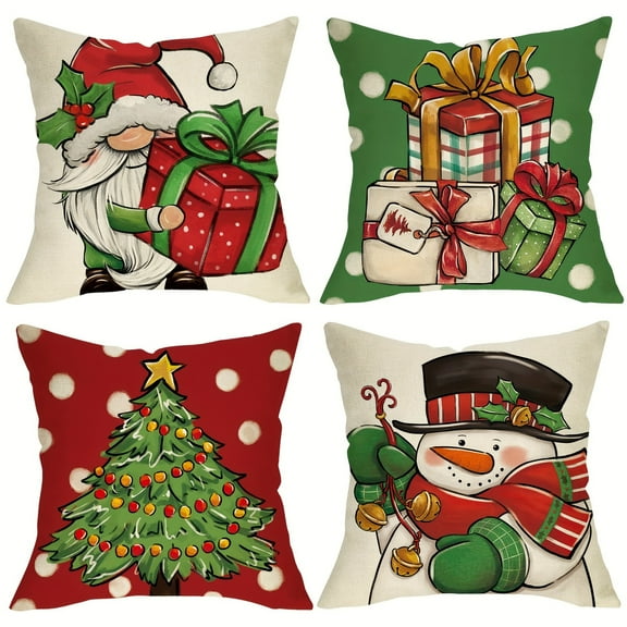 Christmas Tree Snowman Gnome Decorative Throw Pillow Covers 18x18 Set of 4, Xmas Present Gifts Red Green Polka Dots Porch Outdoor Home Decor, Bells Holly Berry Winter Holiday Party Cushion Case