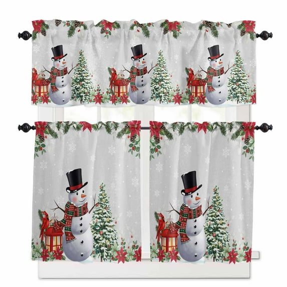 Christmas Tree Snowman Kitchen Curtains and Valances Set, Winter Snowflakes Red Flowers Grey Rod Pocket Window Valance Window Curtain Panels for Living Room Bedroom Laundry, 27.5x36in, 3 Pieces