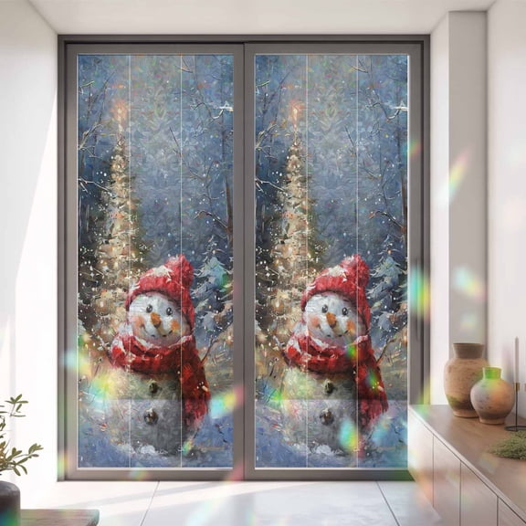 Christmas Tree Snowman Oil Painting Art Window Privacy Film,Decorative Windows Static Cling Winter Snow Scene Heat Control Removable Glass Sticker for Home Bathroom Bedroom Window Door,35.4x78.7in