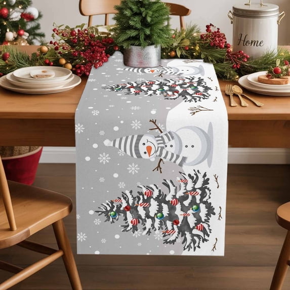 Christmas Tree Snowman Snowflakes Table Runner 13x90in Non-Slip Cotton Linen Table Runners, Gray Dresser Scarves TableRunner for Dinner Kitchen Dining Wedding Party