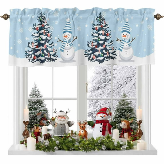 Christmas Tree Snowman Valances for Windows, 42 x 18in, Winter Snowflakes Blue Xmas Rod Pocket Kitchen Valance Curtain Light Filtering Window Treatments for Living Room Bedroom, 1 Panel