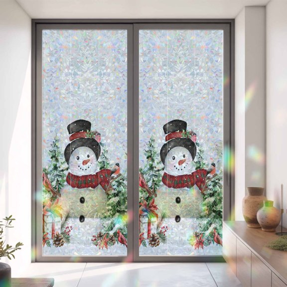 Christmas Tree Snowman Winter Snow Window Privacy Film,Decorative Windows Static Cling Xmas Bird on Gray Heat Control Removable Glass Sticker for Home Bathroom Bedroom Window Door,35.4x78.7in