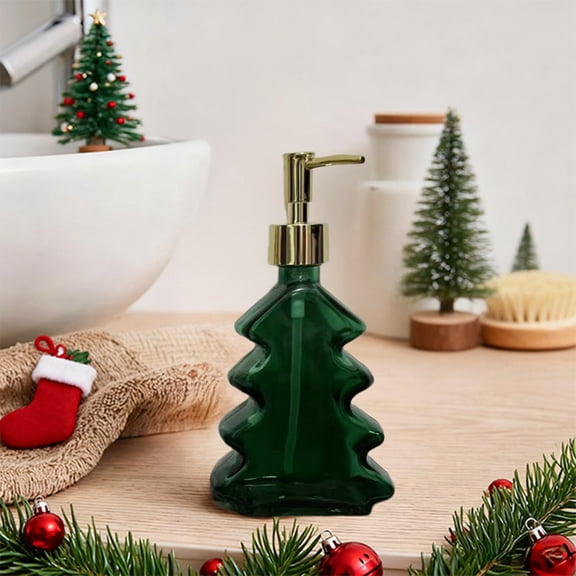 Christmas Tree Soap Dispenser 300ml Glass Lotion Bottle with Push Pump Refillable Decorative Holiday Bathroom Kitchen Decor for Christmas Party Gift Idea Festive Home Accent