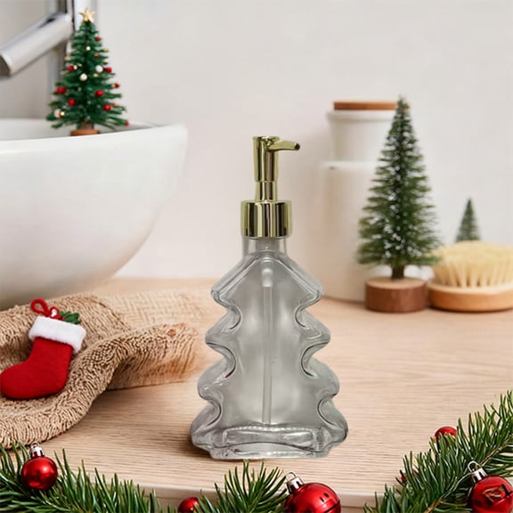 Christmas Tree Soap Dispenser 300ml Glass Lotion Bottle with Push Pump Refillable Decorative Holiday Bathroom Kitchen Decor for Christmas Party Gift Idea Festive Home Accent