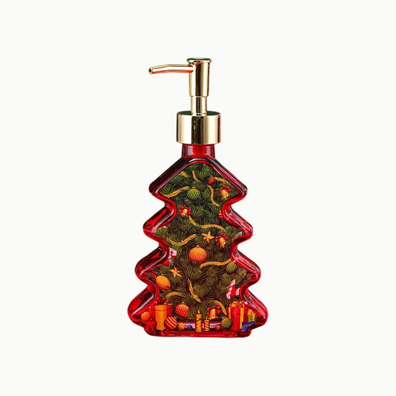 Christmas Tree Soap Dispenser Xmas Bathroom Decorative Accessories Glass Soap Dispenser with Rust Proof Pump, Red(Gift)
