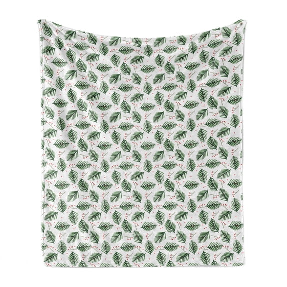 Christmas Tree Soft Flannel Fleece Blanket, Painting Illustrations of Branches and Berries Watercolor Style, Cozy Plush for Indoor and Outdoor Use, 50" x 70", Hunter Green and White, by Ambesonne