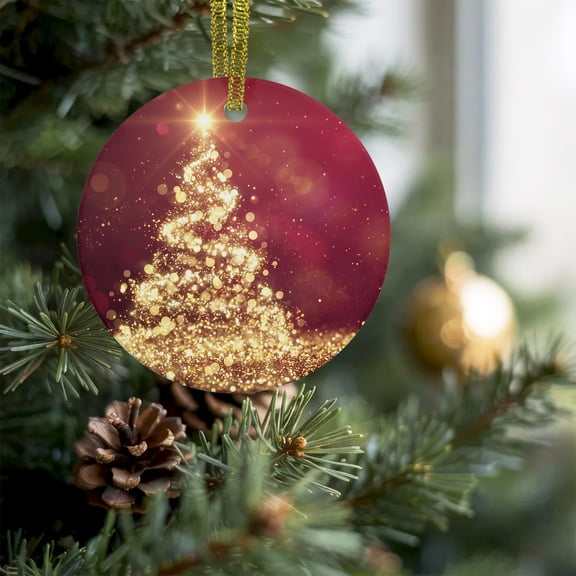 Christmas Tree Sparkle Star Christmas Ceramic Ornament 2026,3" Round Xmas Tree Hanging Accessories with Gold Ribbon,Gold Xmas Trees Burgundy Red Pendant Ornaments for Holiday Gift Home Party Decor