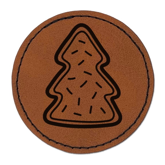Christmas Tree Sprinkle Cookie 2.5" Faux Leather Round Engraved Iron-On Patch - Brown