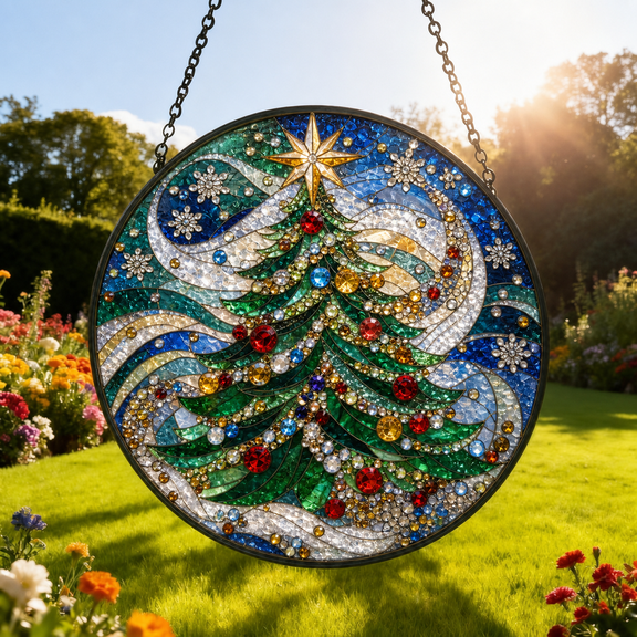 Christmas Tree Stained Glass Suncatcher Window Hanging Gift for Mom or Dad