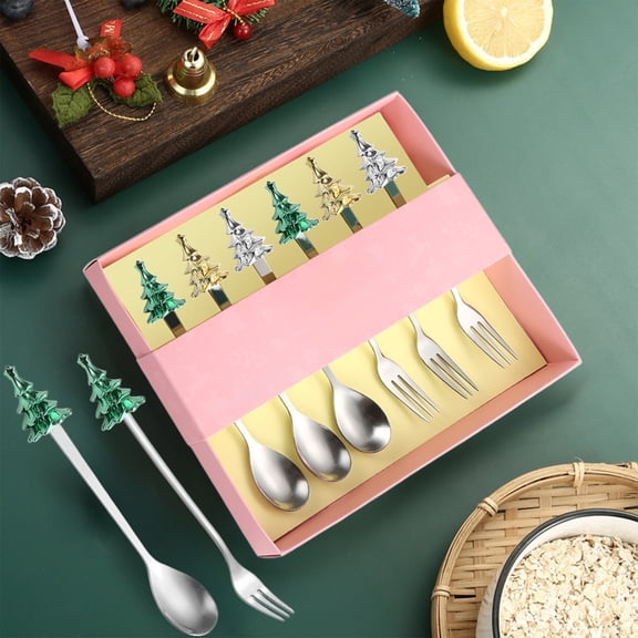 Christmas Tree Stainless Steel Cutlery Set - Coffee Spoons, Fruit Forks & Dessert Spoons, Festive Silverware Gift Set, Holiday Tableware for Christmas Meals & Gatherings