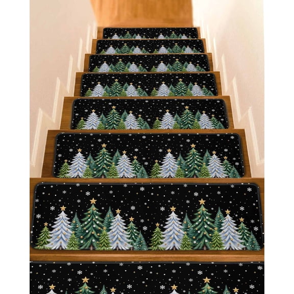Christmas Tree Stair Treads for Wooden Steps Indoor Runner Rug Carpet, Winter Snowflake Xmas Pine Forest Stars 4 Pieces Peel and Stick Staircase Step Treads Covers Washable Throw Door Mats, 30"x8"