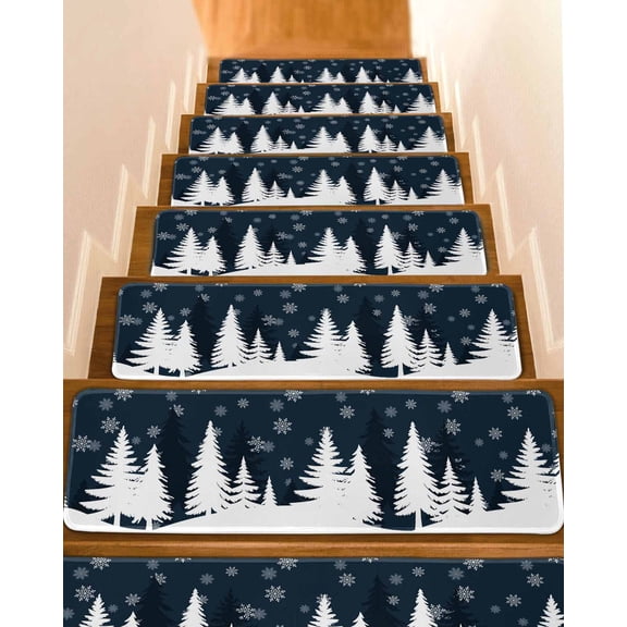 Christmas Tree Stair Treads for Wooden Steps Indoor Runner Rug Carpet, Xmas Pine Tree Winter Snowflakes Blue 4 Pieces Peel and Stick Staircase Step Treads Covers Washable Throw Door Mats, 30"x8"