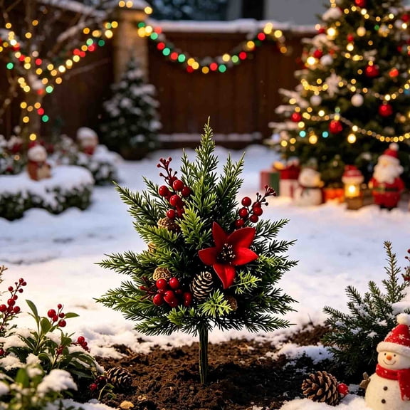 Christmas Tree with Stake Artificial Pine Xmas Tree Stake Fake Green Planter Bushes Faux Tree Potted Plants for Front Porch, Garden, Cemetery Yard and Holiday Decor