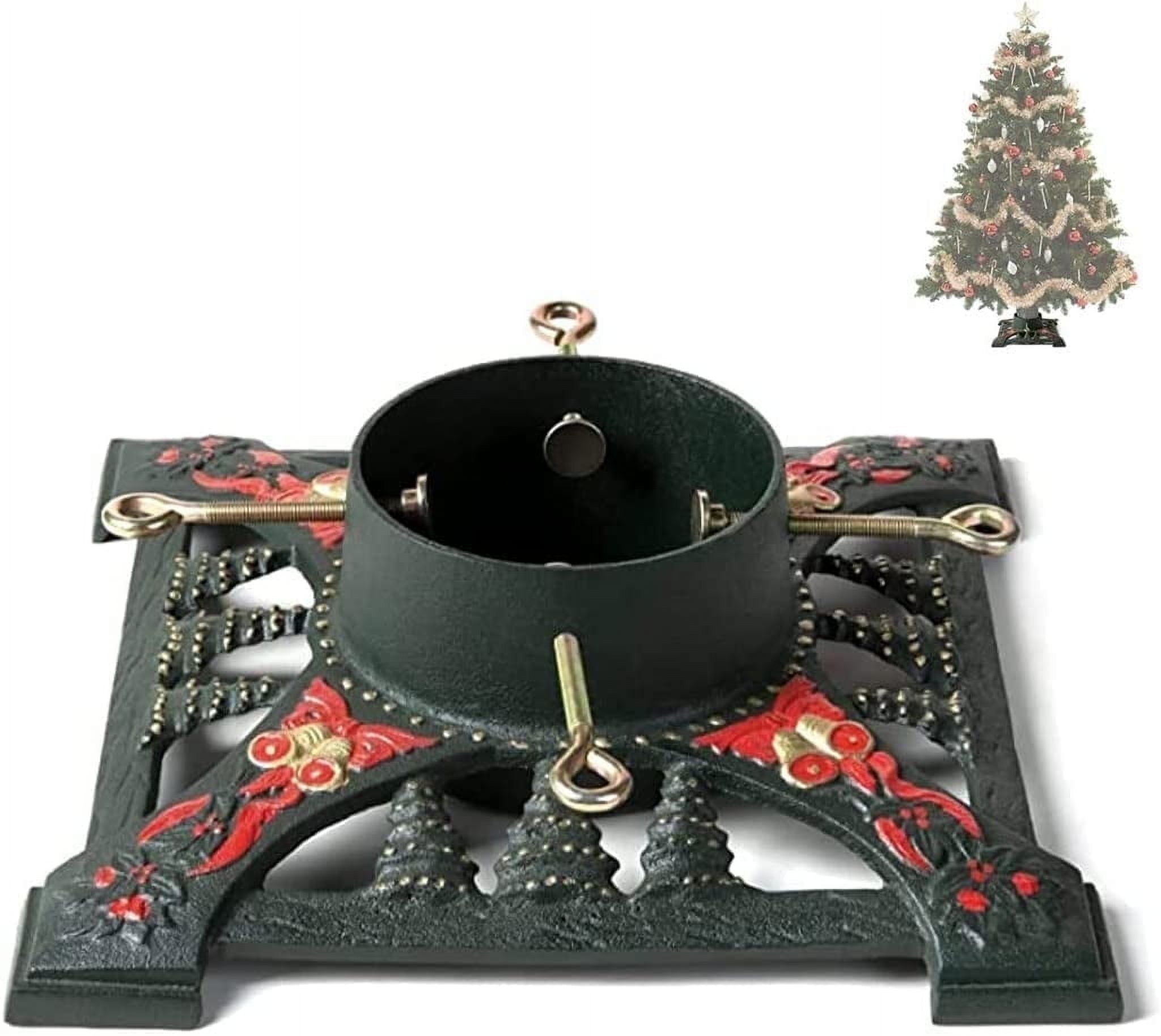 Heavy Duty Green and Red Cast Iron Christmas Tree Stand with Water Reservoir
