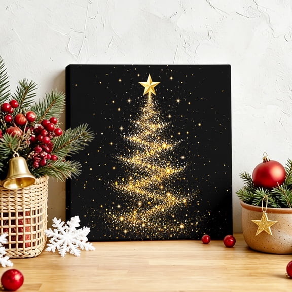 Christmas Tree Star Canvas Artwork Painting Art, Winter Black Gold Theme Square Framed Wall Decorations Prints Picture for Bedroom Kitchen Living Room, 8x8 in