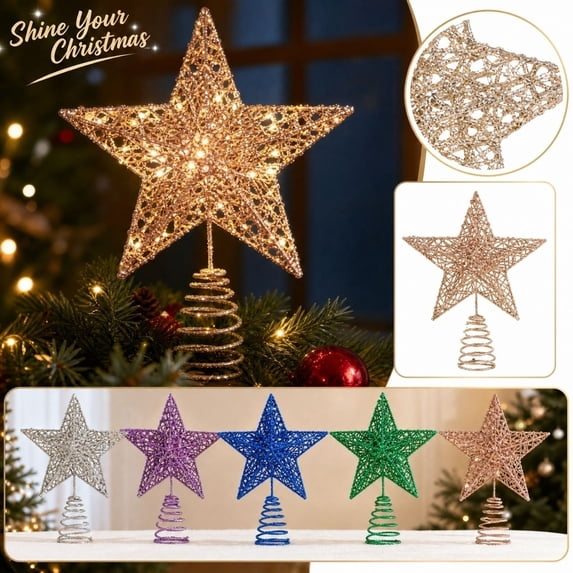 Christmas Tree Star Christmas Tree Topper 8 Inch Glitter Star Wireframe Metal Rose Gold Decorative Sparkly Topper for Holiday Christmas Tree Decorations, 1 Pack