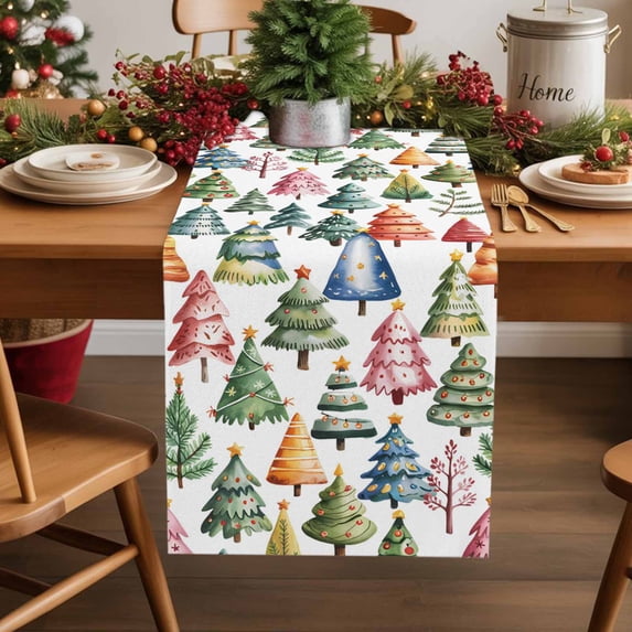 Christmas Tree Star Green Xmas Trees Table Runner 14x72in Non-Slip Cotton Linen Table Runners, Colorful Cartoon Style Dresser Scarves TableRunner for Dinner Kitchen Dining Wedding Party