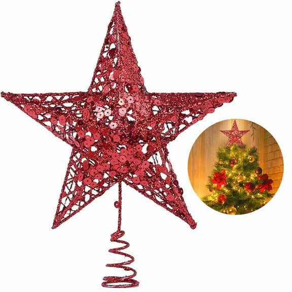 Christmas Tree Star Topper 9.8in Xmas Tree Topper Star Glittered Tree-top Star for Christmas Tree - Red
