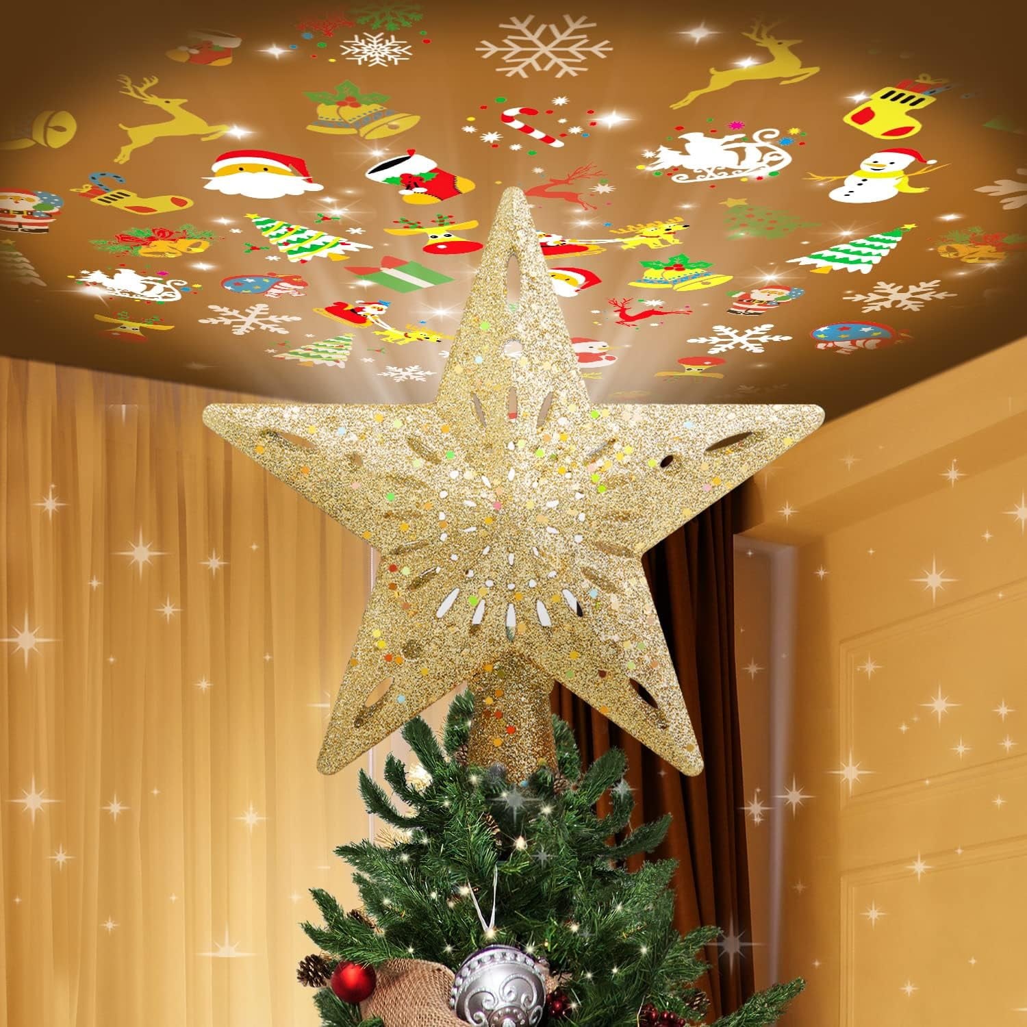 ZOELNIC Christmas Tree Topper Lighted Star, 3D Hollow Sparkling