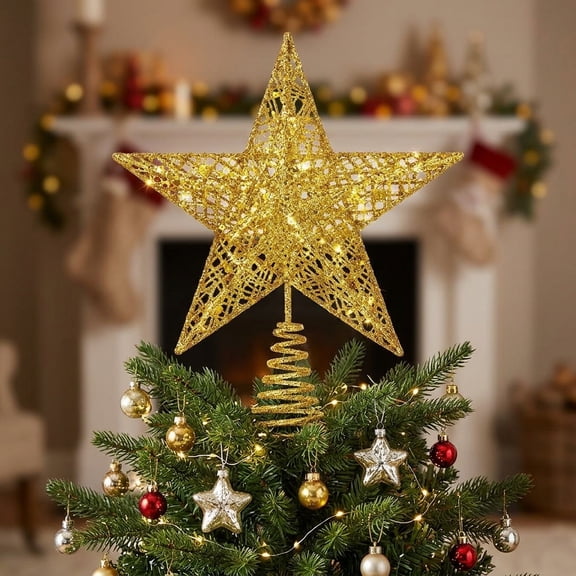 Christmas Tree Star, Tree Topper, Estrella Para Arbol de Navidad, Christmas Star Tree Topper, 9.8 x 11.8 Inch Gold Glitter Star