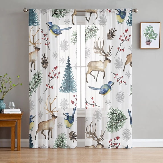 Christmas Tree Stars Bells Tulle Window Curtain for Livingroom Printed Sheer Curtain Home Decor Window Panels Chiffon Drapes