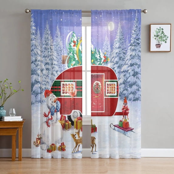 Christmas Tree Stars Bells Tulle Window Curtain for Livingroom Printed Sheer Curtain Home Decor Window Panels Chiffon Drapes