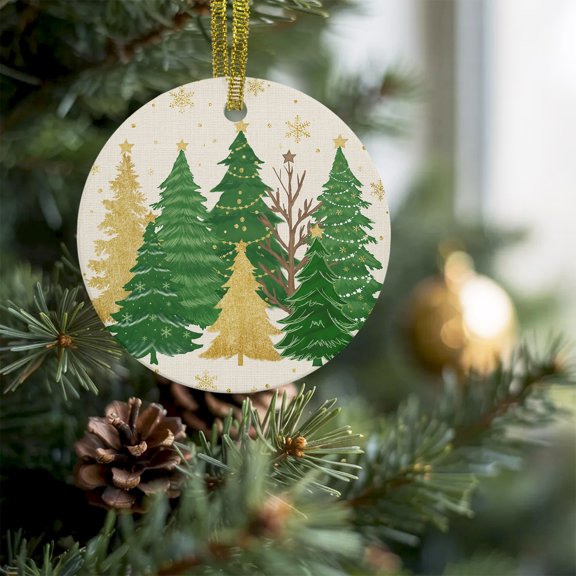 Christmas Tree Stars on Burlap Christmas Ceramic Ornament 2026,3" Round Xmas Tree Hanging Accessories with Gold Ribbon,Winter Gold Snowflakes Pendant Ornaments for Holiday Gift Home Party Decor
