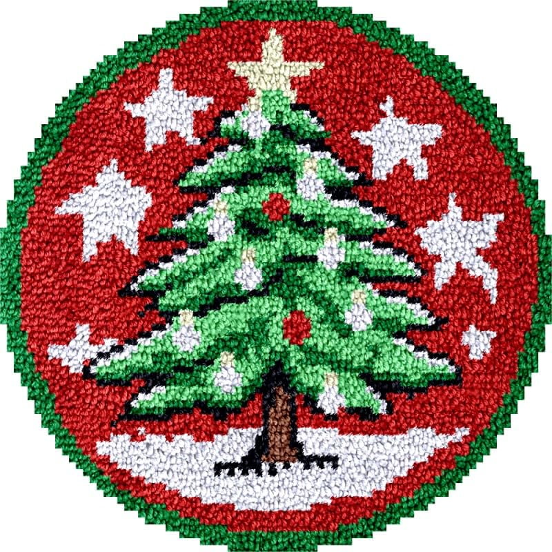 Christmas Tree & Stars Round Shape Latch Hook Rug Kits Set for Starter Crochet Hook Cushion Mat Sofa Seat Cushion Crocheting Kits with Preprinted Canvas Crochet Yarn Kits 50X50CM (fi23)