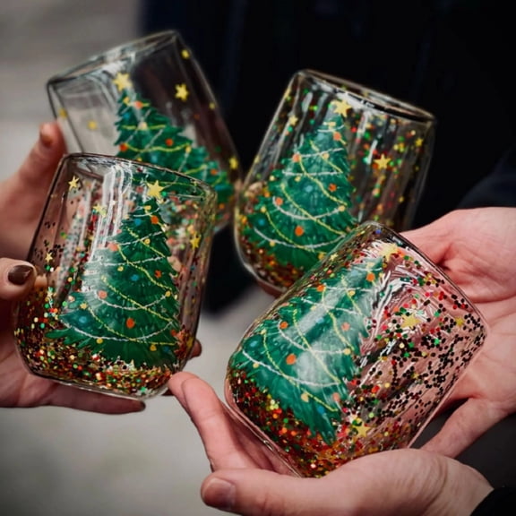 Christmas Tree Stemless Wine Glasses - Vintage-Inspired Holiday Drinkware with Cozy Seasonal Charm, Ideal for Mulled Wine at Festive Gatherings & Holiday Entertaining