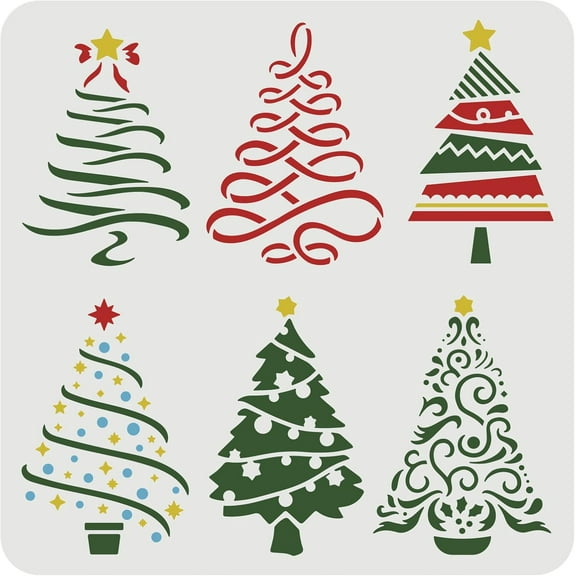 Christmas Tree Stencils 11.8x11.8 inch 6 Different Christmas Tree Pattern Stencils with Stars Stencils Template Plastic Reusable Tree Stencil for Painting on Wood Floor Wall Window