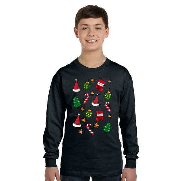 Christmas Tree Stocking Pattern Xmas Long Sleeve Shirts for Kids - Youth XS S M L XL - Merry Christmas Holiday Funny Xmas Tee for Boys for Girls