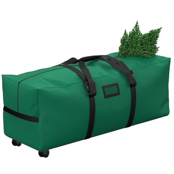 Cowin Rolling Christmas Tree Storage Bag, Fits Up to 7.5 ft Christmas Trees, with 2 Swivel Wheels and Reinforced Carry Handles, 600D Oxford Fabric Christmas Tree Bag, Green