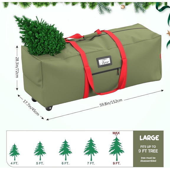Christmas Tree Storage Bag, Large Artificial Anti-Tear Heavy-Duty 600D Oxford Cloth Xmax Christmas Tree Storage Box with Rolling Wheels, Christmas Tree Storage Container (Army Green&Red, 9Ft)