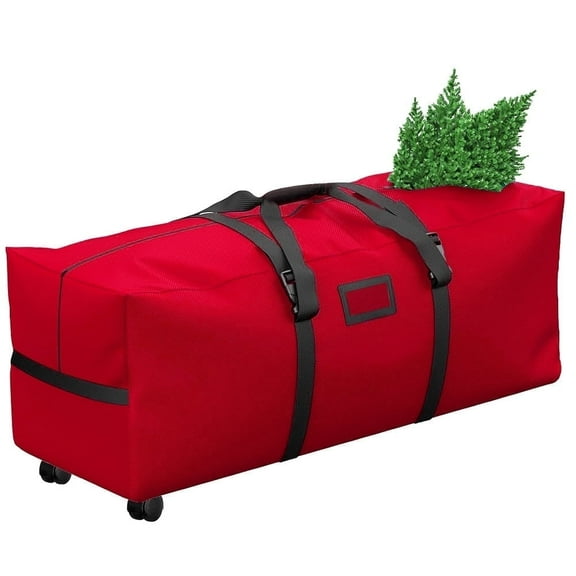 Rolling Christmas Tree Storage Bag, Fits Up to 7.5 ft Christmas Trees, 600D Oxford Fabric Christmas Tree Bag with 2 Swivel Wheels , Red