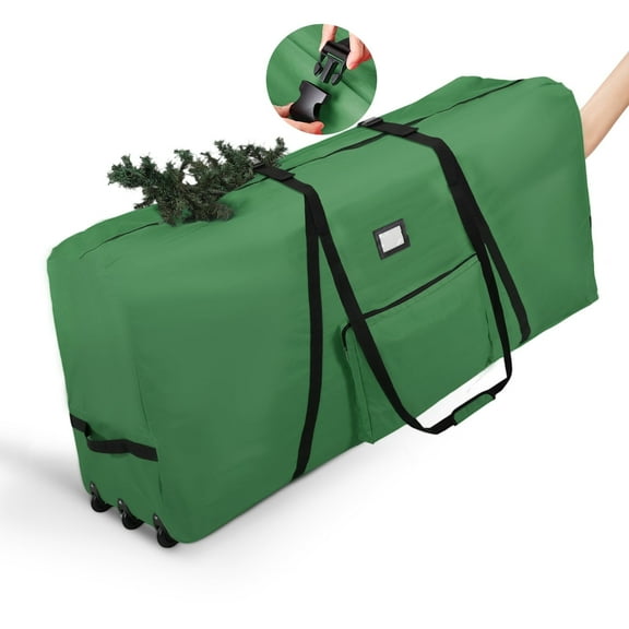 Christmas Tree Storage Bag for 7.5 FT Xmas Tree with 3 Rollers, Extra Pocket, Buckles and Handles Green