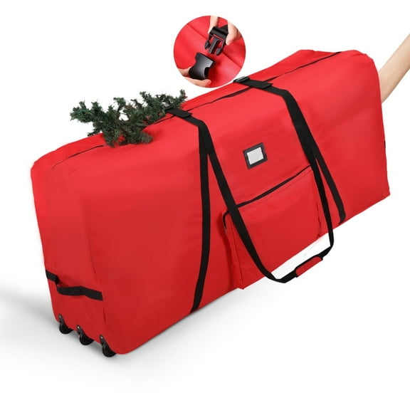 Christmas Tree Storage Bag for 7.5 FT Xmas Tree with 3 Rollers, Extra Pocket, Buckles and Handles Red